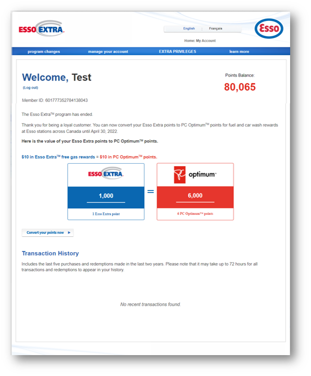 How do I convert Esso Extra™ points to PC Optimum™ points online?